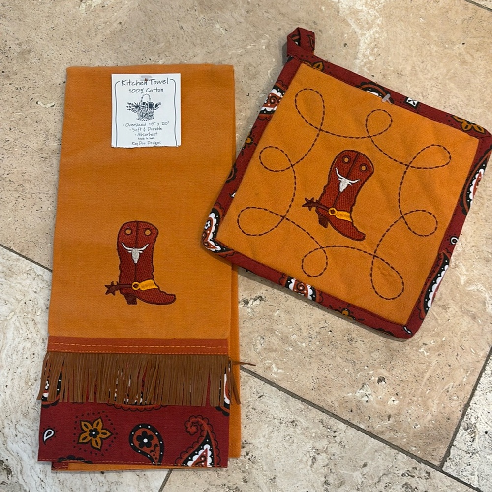 Kay Dee Austin cowboy boot dish towel and potholder.
